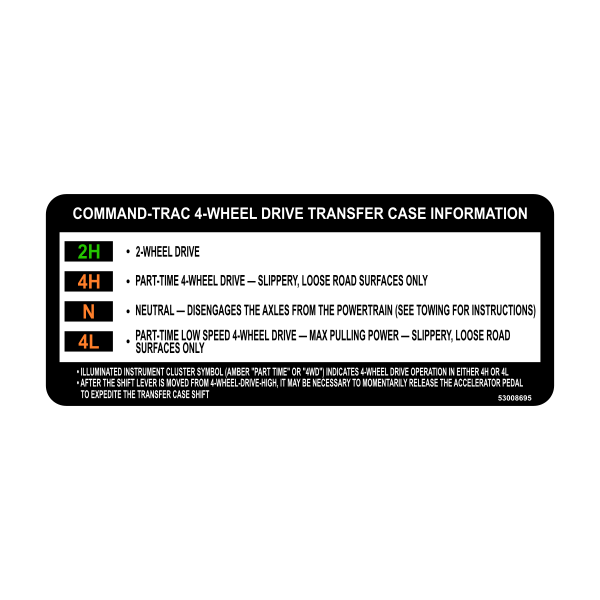 Jeep Transfer Case Visor Instruction Decals